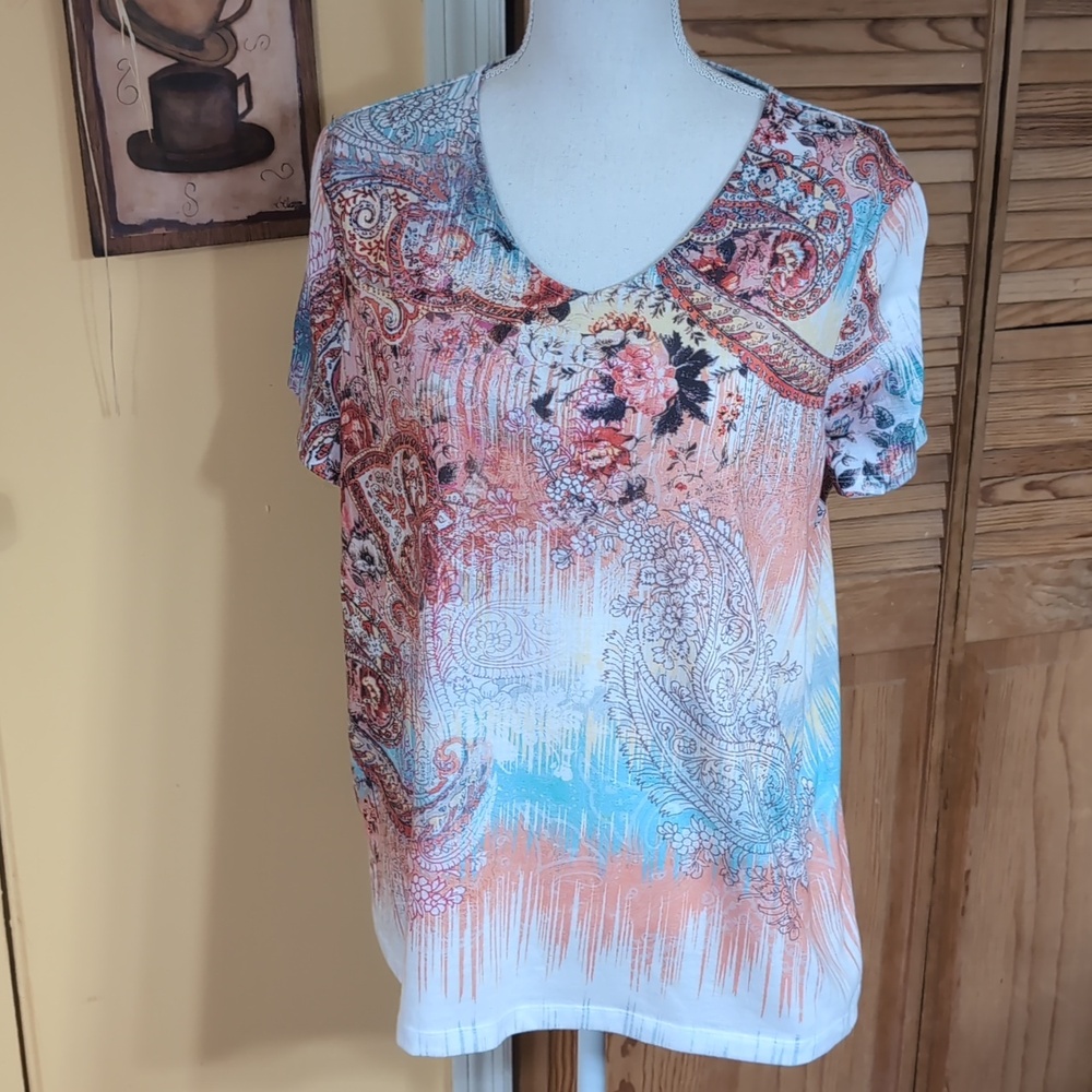 CHICO'S 3 Multicolor Paisley Floral Print V-Neck Top XL/16